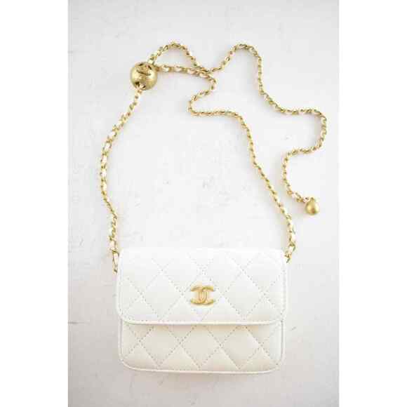 Chanel 22C White Pearl Crush Clutch Mini Chain Classic Gold Card Belt Waist Bag - Picture 1 of 12